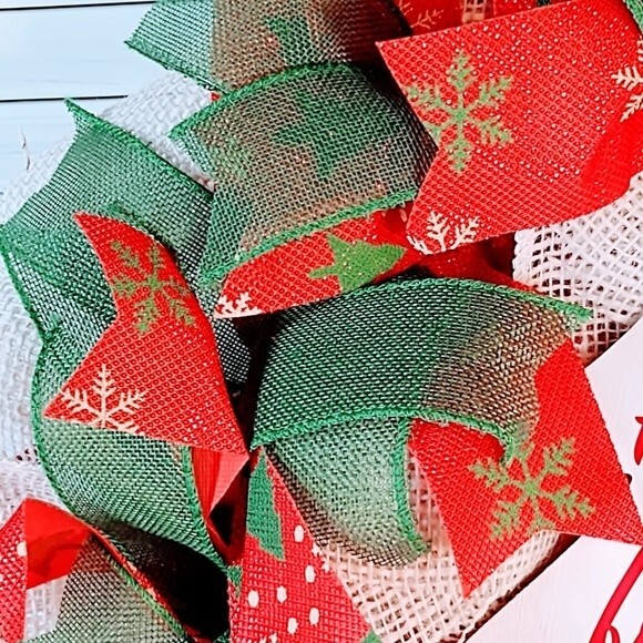 Hand Crafted Burlap Ribbon Wood Sign Home For The Holidays Christmas Wreath 22" - Picture 4 of 7
